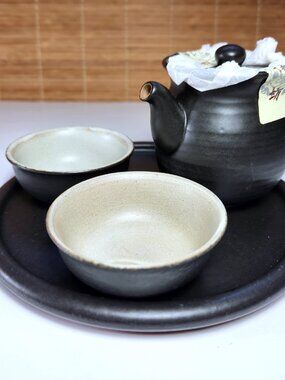 Lin’s Ceramics Studio Gongfu Tea Set Teapot 2 Cups Tray Dark Ceramic New No Box